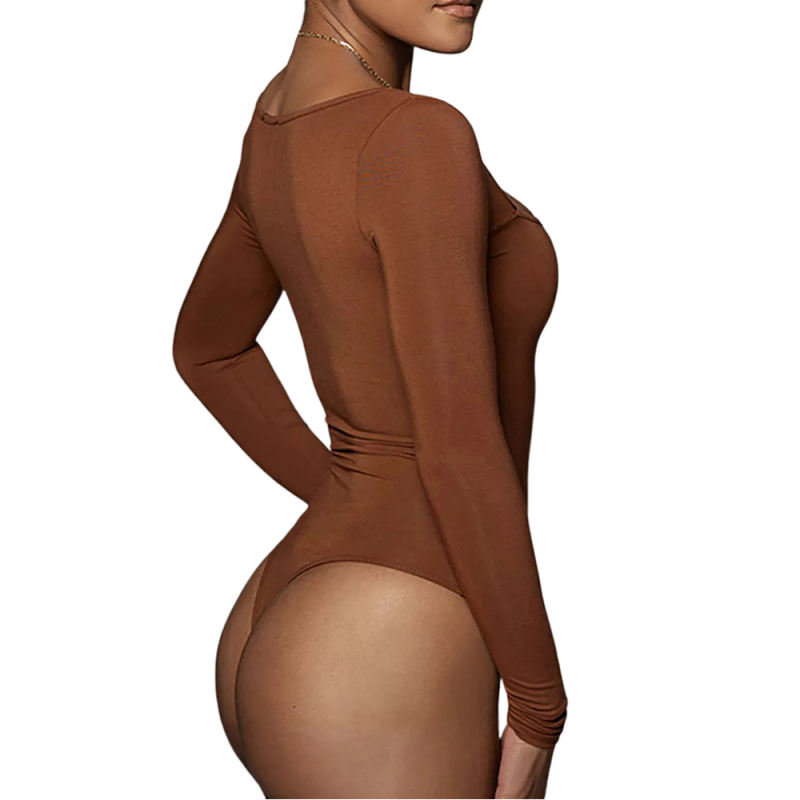 Brown Square Neck Long Sleeve Bodysuit TQK550262-17