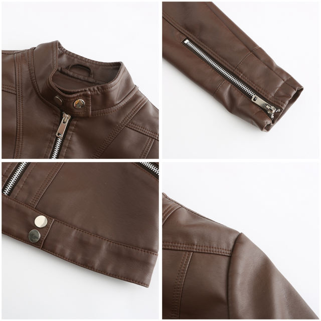 Coffee PU Stand Collar Short Leather Jacket TQK280124-15