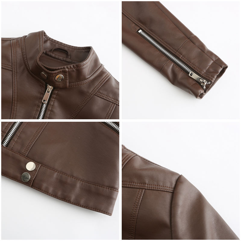Coffee PU Stand Collar Short Leather Jacket TQK280124-15