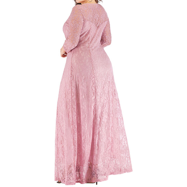 Pink 3/4 Sleeve Crew Neck Lace Plus Size Dress TQK310977-10