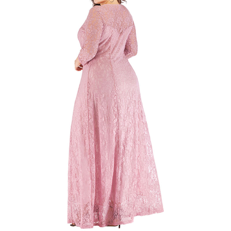 Pink 3/4 Sleeve Crew Neck Lace Plus Size Dress TQK310977-10