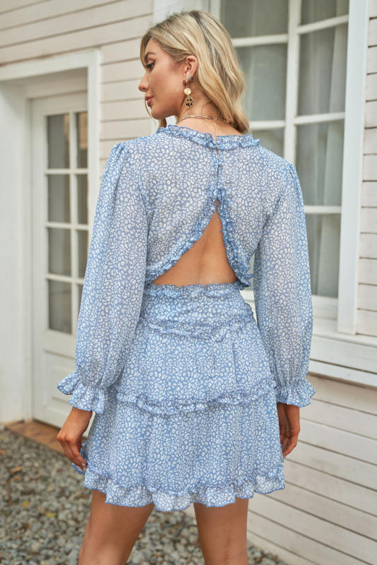 Sky Blue Ruffle Detailing Open Back Floral Dress LC220829-4