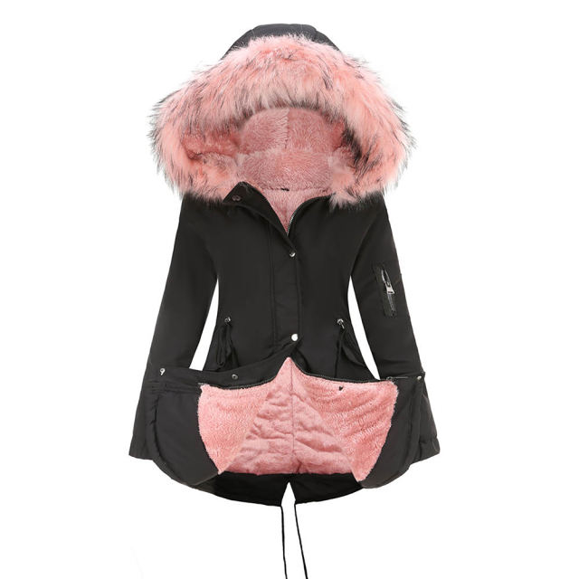 Black Pink Fur Collar Drawstring Waist Warm Hooded Parka Coat TQK280130-2C