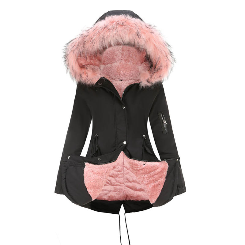 Black Pink Fur Collar Drawstring Waist Warm Hooded Parka Coat TQK280130-2C
