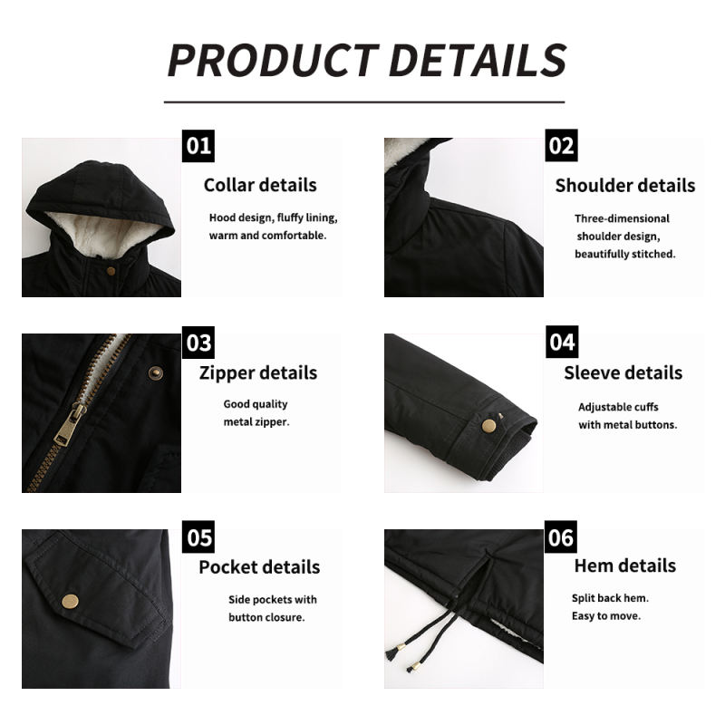 Black Waist Drawstring Plush Hooded Thick Parka Coat TQK280127-2
