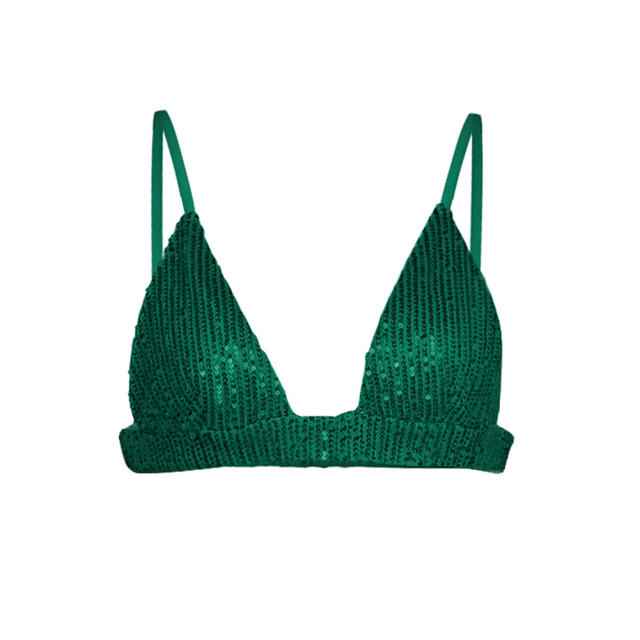 Dark Green Sequined Shirt with Pant and Bra 3pcs Set TQF711062-9
