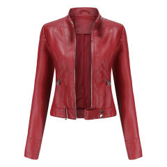 Wine Red PU Stand Collar Short Leather Jacket TQK280124-23