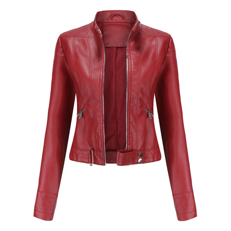 Wine Red PU Stand Collar Short Leather Jacket TQK280124-23