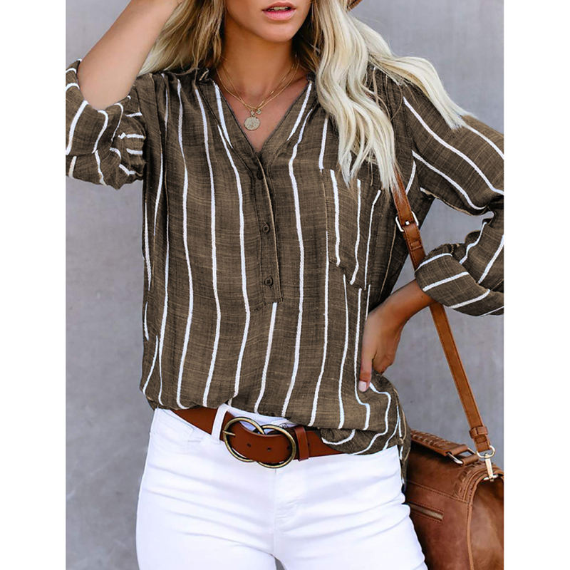 Khaki Button Down Striped Shirt with Pocket TQV220037-21