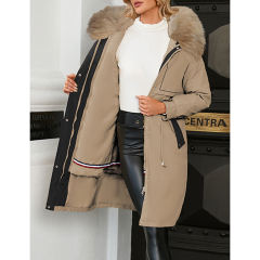 Brown Zipper Plush Collar Parker Thick Coat 2pcs Set  TQK280219-17