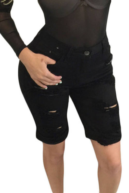 Black Denim Destroyed Bermuda Shorts