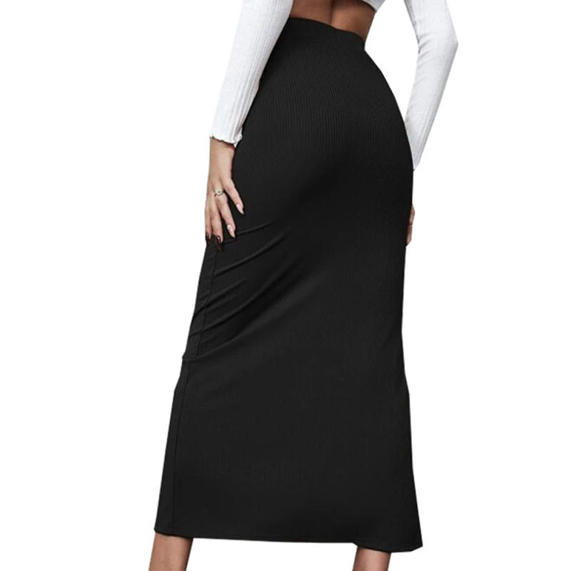 Black Solid Split Bodycon Maxi Skirt TQV360058-2