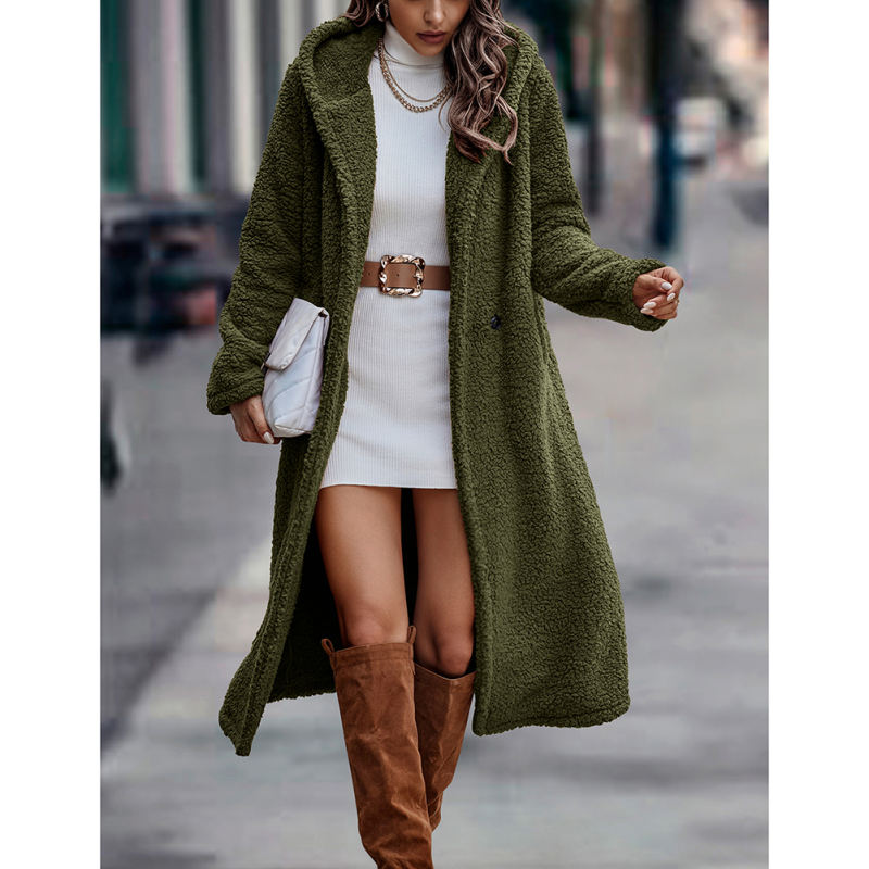 Army Green Open Front Long Sleeve Hooded Fleece Coat TQK280217-27