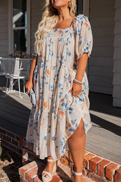 White Floral Print Puff Sleeve Square Neck Plus Size Dress PL61084-1