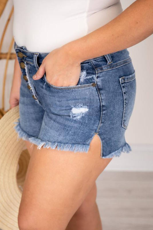 Plus Size Frayed Button Fly Denim Shorts with Slits  LC783457-4