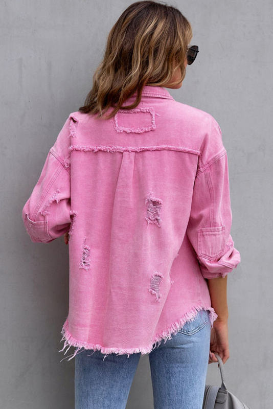 Pink Distressed Flap Pockets Raw Edge Denim Shacket LC788186-10