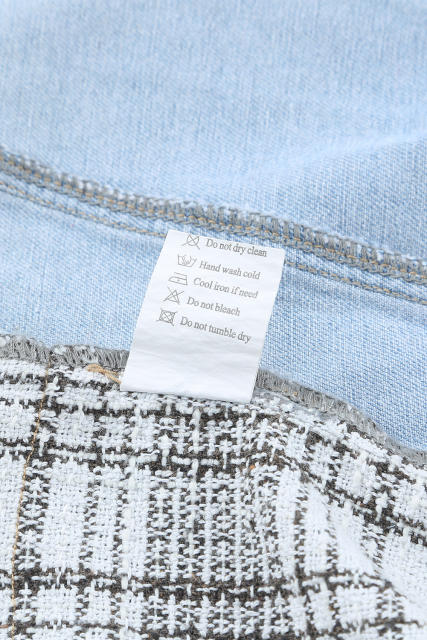 Sky Blue Plaid Patchwork Fringed Flap Pockets Denim Jacket LC854131-4