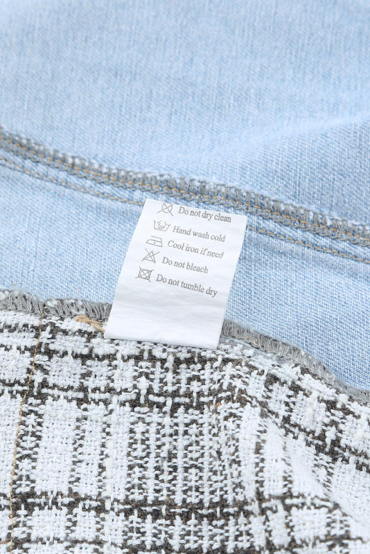 Sky Blue Plaid Patchwork Fringed Flap Pockets Denim Jacket LC854131-4