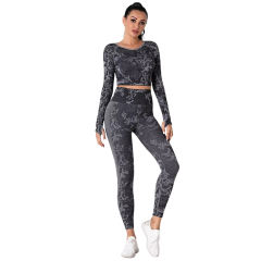 Gray Camo Knit Seamless Long Sleeve Pant Yoga Set TQE91362-11