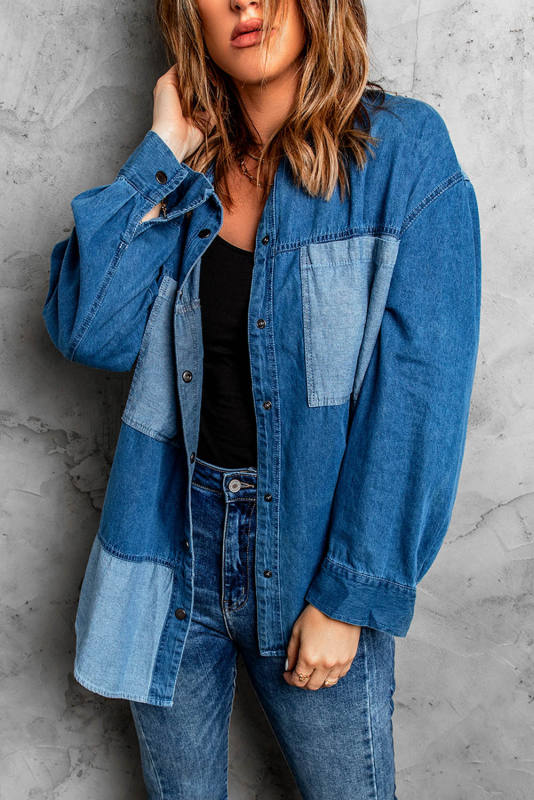 Blue Color Block Buttoned Denim Jacket LC858007-5