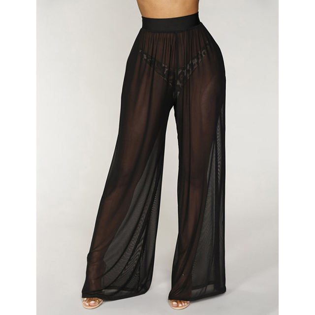 Black Sheer Mesh Wide Leg Pants TQV510057-2