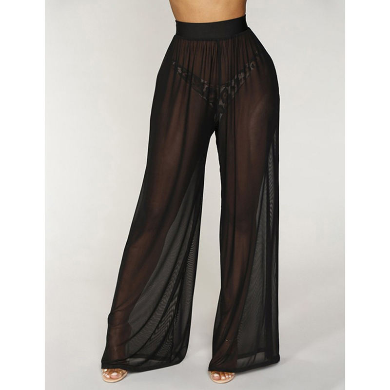 Black Sheer Mesh Wide Leg Pants TQV510057-2