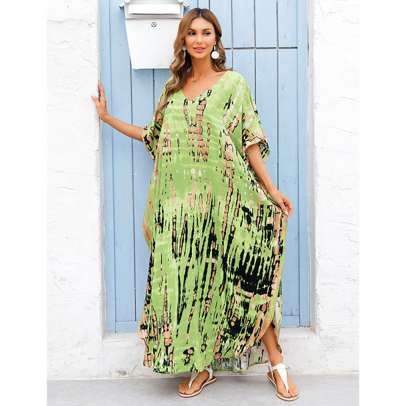 Grass Green Tie Dye Loose Kimono Beach Cover TQK650092-61