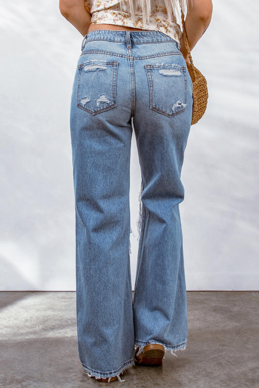 Sky Blue Destroyed Open Knee Wide Leg Jeans LC7872265-4