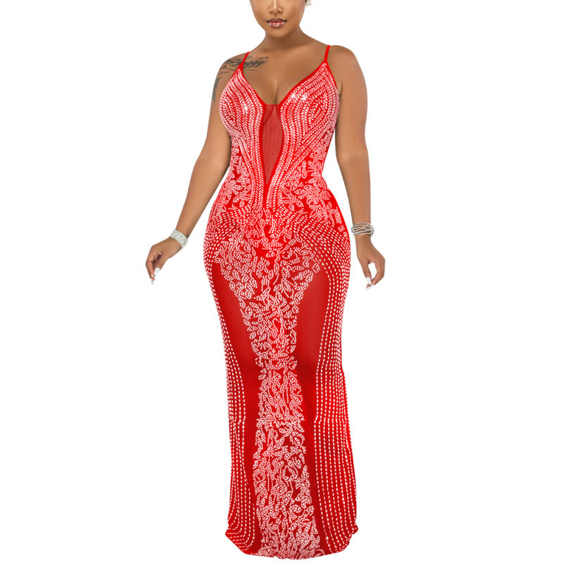 Red Rhinestone See Through Long Maxi Dress TQK310858-3