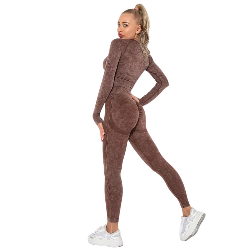 Coffee Nylon Seamless Long Sleeve Pant Yoga Set TQE91361-15