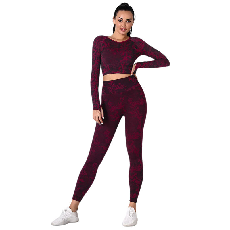 Wine Red Camo Knit Seamless Long Sleeve Pant Yoga Set TQE91362-103