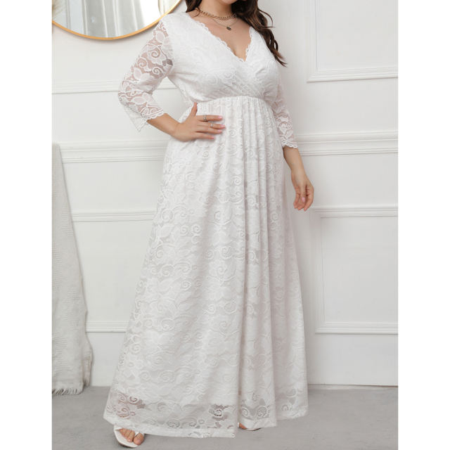 White V-Neck Lace Plus Size Dress TQK310997-1