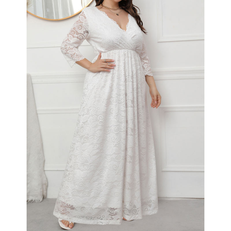 White V-Neck Lace Plus Size Dress TQK310997-1