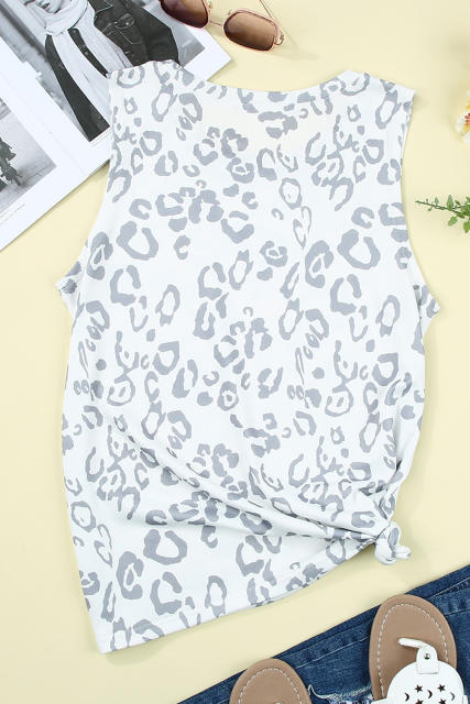 Gray Leopard Print Crew Neck Tank Top LC2565188-1011