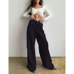 Black High Waisted Draped Wide Leg Pants TQV510042-2