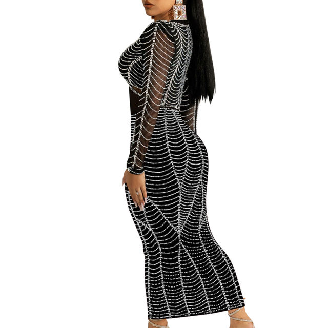 Black Padded Shoulder V Neck Rhinestones Mesh Maxi Dress TQK311225-2