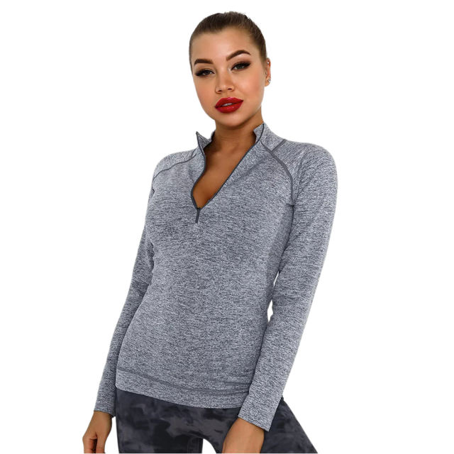 Dark Gray Quick Dry Zipper Knit Tight Yoga Tops TQE91363-23