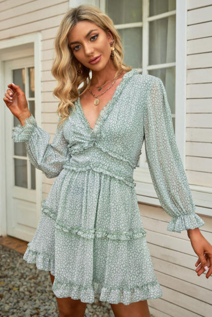 Green Ruffle Detailing Open Back Floral Dress LC220829-9