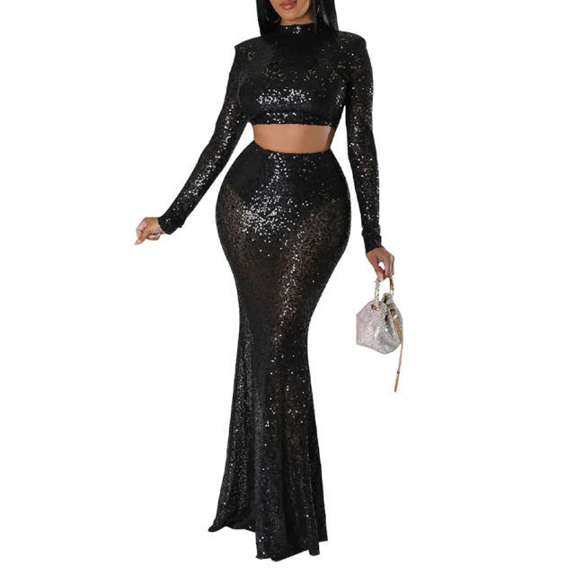 Black Sequined Crop Top with Fishtail Skirt Set TQV810034-2