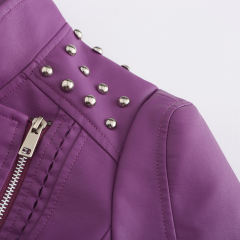 Purple Rivet Decoration Turndown Collar PU Leather Jacket TQK280137-8