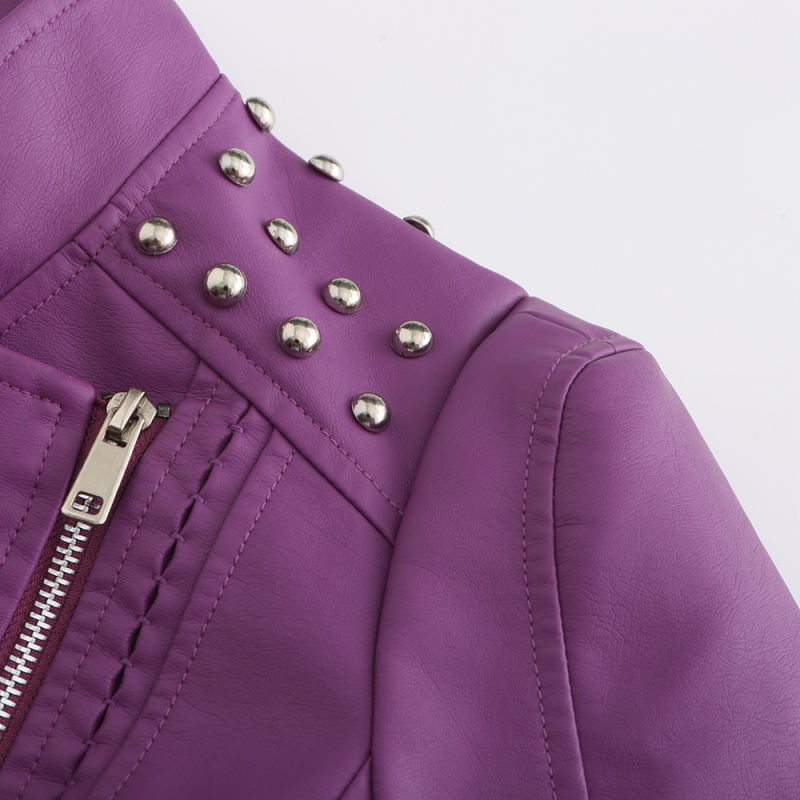Purple Rivet Decoration Turndown Collar PU Leather Jacket TQK280137-8