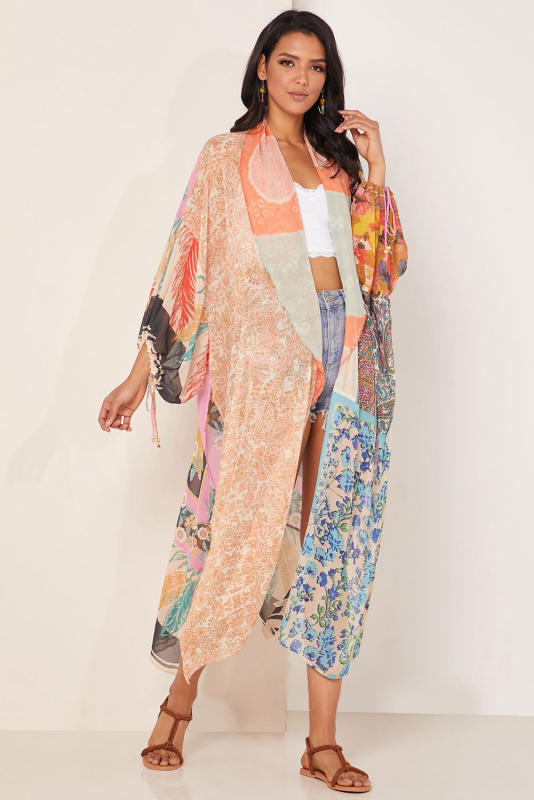 Orange Bohemian Patchwork Print Drawstring Puff Sleeve Kimono LC2541619-14