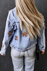 Sky Blue Leopard Star Distressed Cropped Denim Jacket LC788175-4
