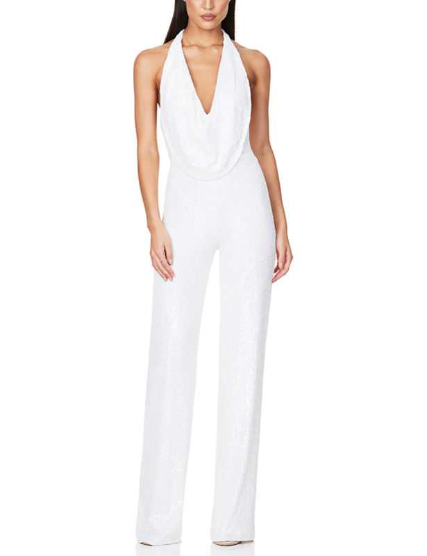 White  Deep V Neck Pile Collar Backless Sequined Jumpsuit TQK550310-1