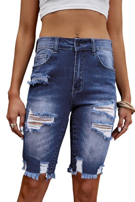 Blue Ripped Tassel Bermuda Jean Shorts LC783874-5