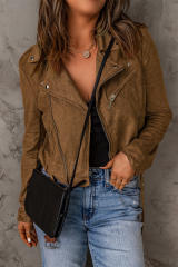Brown Vegan Suede Zip Detail Moto Jacket LC8512406-17
