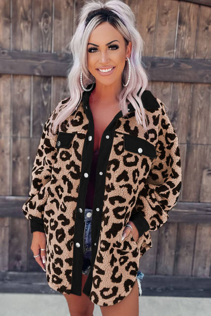 Black Contrast Trimmed Leopard Teddy Shacket LC854211-2