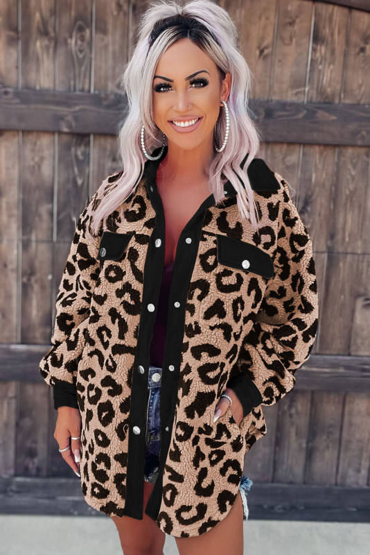 Black Contrast Trimmed Leopard Teddy Shacket LC854211-2