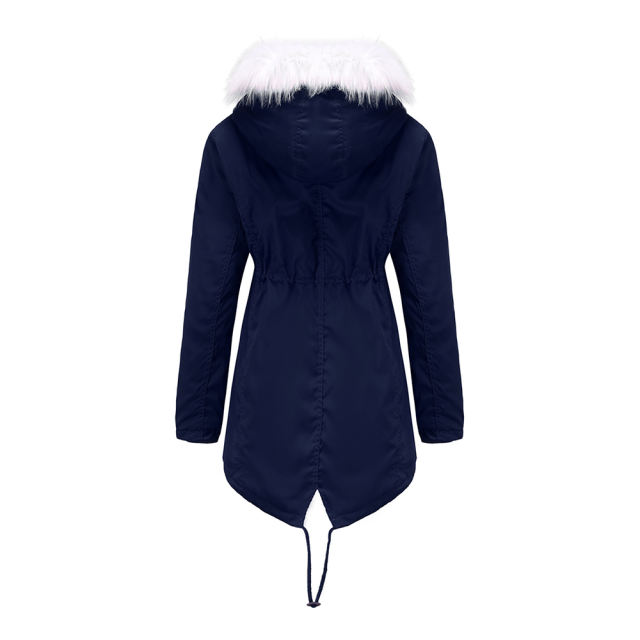 Navy Blue Fur Collar Warm Hooded Parka Coat TQK280129-34