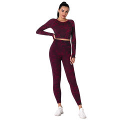 Wine Red Camo Knit Seamless Long Sleeve Pant Yoga Set TQE91362-103